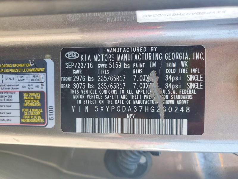 Продаж на аукціоні авто 2017 Kia Sorento, vin: 5XYPGDA37HG260248, номер лоту: 53537596