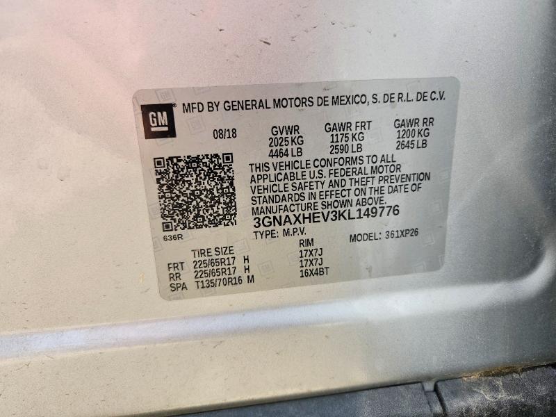 Продаж на аукціоні авто 2019 Chevrolet Equinox, vin: 3GNAXHEV3KL149776, номер лоту: 54458916