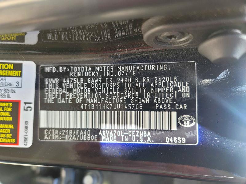Продаж на аукціоні авто 2018 Toyota Camry, vin: 4T1B11HK7JU145706, номер лоту: 55757456