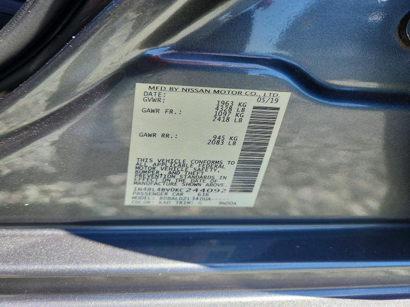 Продажа на аукционе авто 2019 Nissan Altima, vin: 1N4BL4BV0KC244092, номер лота: 53122006