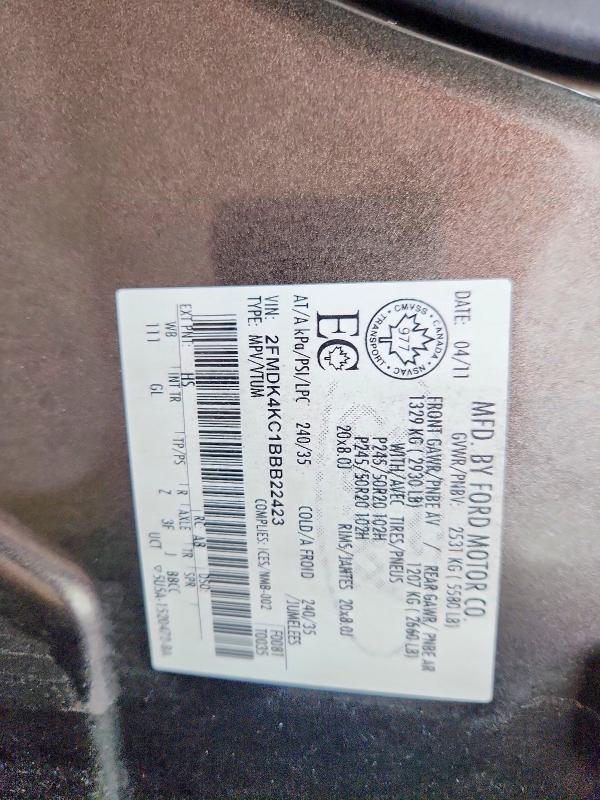 51865106 :رقم المزاد ، 2FMDK4KC1BBB22423 vin ، 2011 Ford Edge مزاد بيع