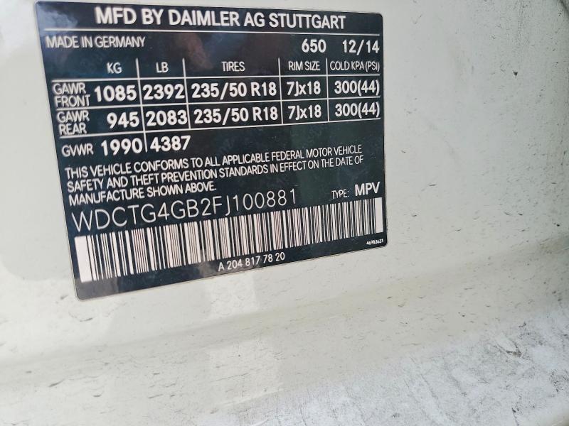 52233866 :رقم المزاد ، WDCTG4GB2FJ100881 vin ، 2015 Mercedes Benz Gla مزاد بيع