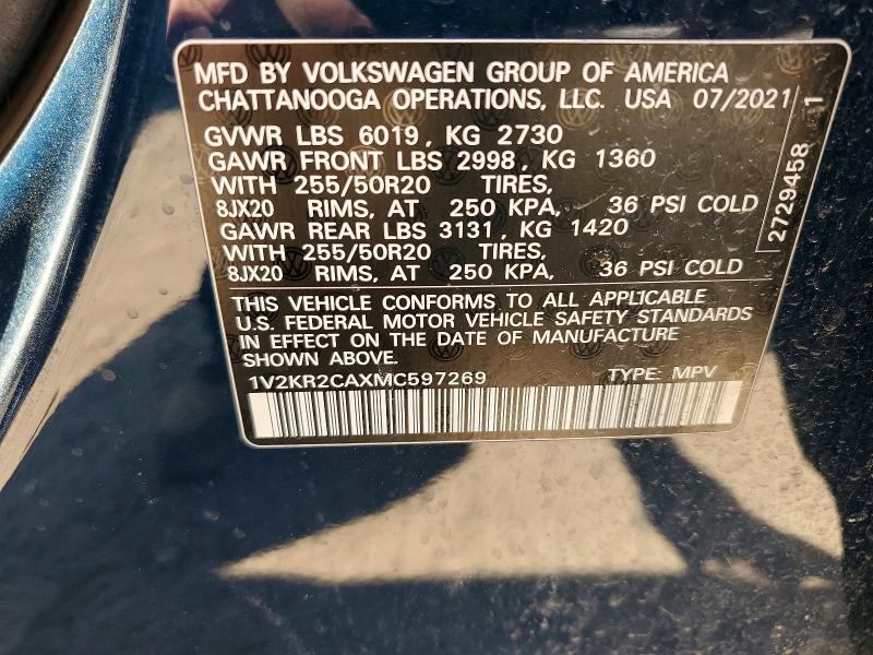 2021 Volkswagen Atlas მანქანა იყიდება აუქციონზე, vin: 1V2KR2CAXMC597269, აუქციონის ნომერი: 53722536
