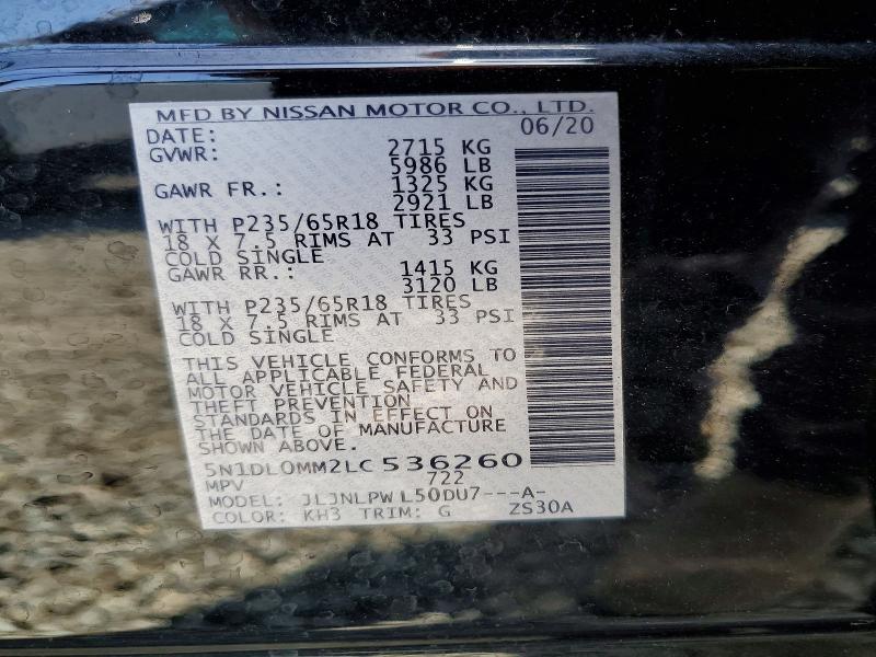 54852766 :رقم المزاد ، 5N1DL0MM2LC536260 vin ، 2020 Infiniti Qx60 مزاد بيع