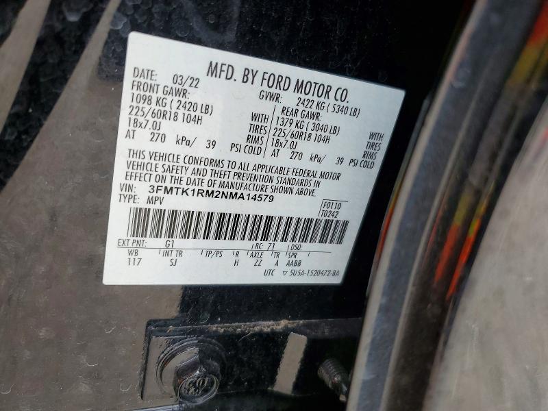 52122546 :رقم المزاد ، 3FMTK1RM2NMA14579 vin ، 2022 Ford Mustang Mach-e مزاد بيع