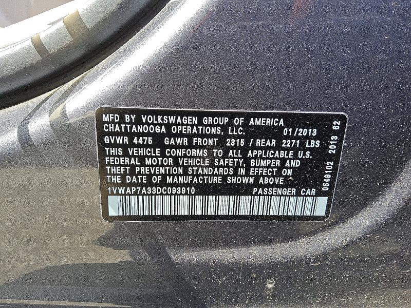 49619256 :رقم المزاد ، 1VWAP7A33DC093910 vin ، 2013 Volkswagen Passat مزاد بيع