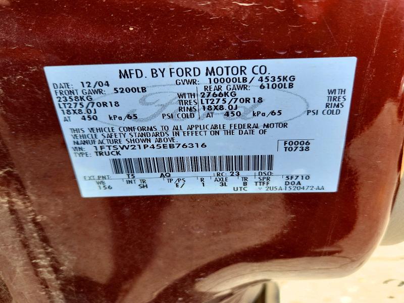 2005 Ford F250 მანქანა იყიდება აუქციონზე, vin: 1FTSW21P45EB76316, აუქციონის ნომერი: 52840756