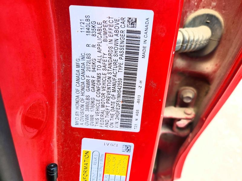 Продажа на аукционе авто 2022 Honda Civic, vin: 2HGFE2F51NH542559, номер лота: 55543836