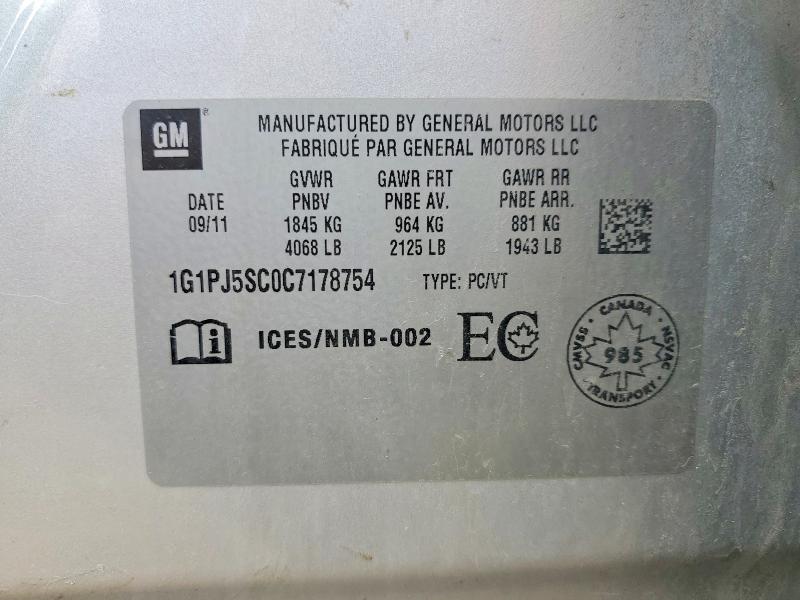 52194896 :رقم المزاد ، 1G1PJ5SC0C7178754 vin ، 2012 Chevrolet Cruze مزاد بيع
