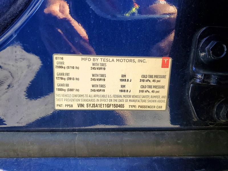 2016 Tesla Model S მანქანა იყიდება აუქციონზე, vin: 5YJSA1E11GF150465, აუქციონის ნომერი: 54006286