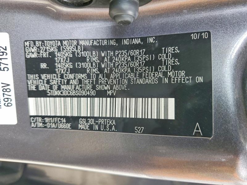 55188756 :رقم المزاد ، 5TDKK3DC6BS090490 vin ، 2011 Toyota Sienna مزاد بيع