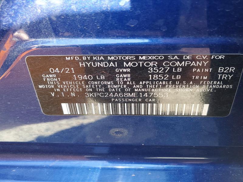 2021 Hyundai Accent მანქანა იყიდება აუქციონზე, vin: 3KPC24A68ME147553, აუქციონის ნომერი: 53027236