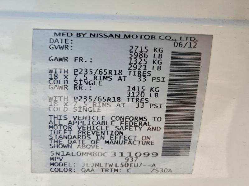 53120216 :رقم المزاد ، 5N1AL0MM8DC311099 vin ، 2013 Infiniti Jx35 مزاد بيع