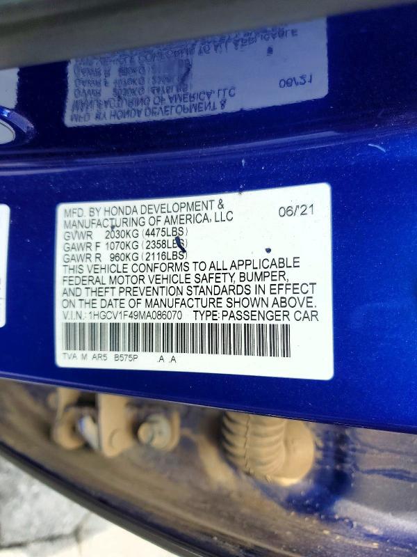 Продажа на аукционе авто 2021 Honda Accord, vin: 1HGCV1F49MA086070, номер лота: 51861976