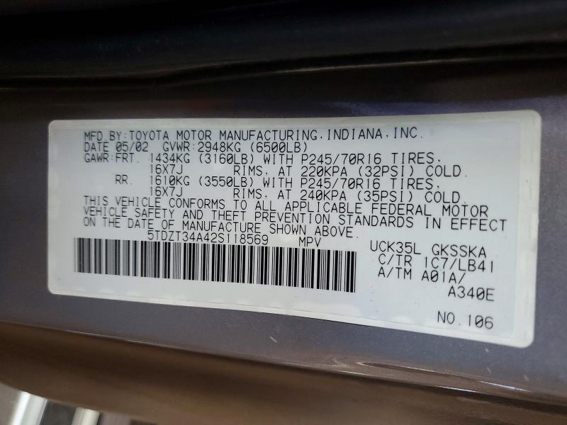 Aukcja sprzedaży 2002 Toyota Sequoia, vin: 5TDZT34A42S118569, numer aukcji: 52266646