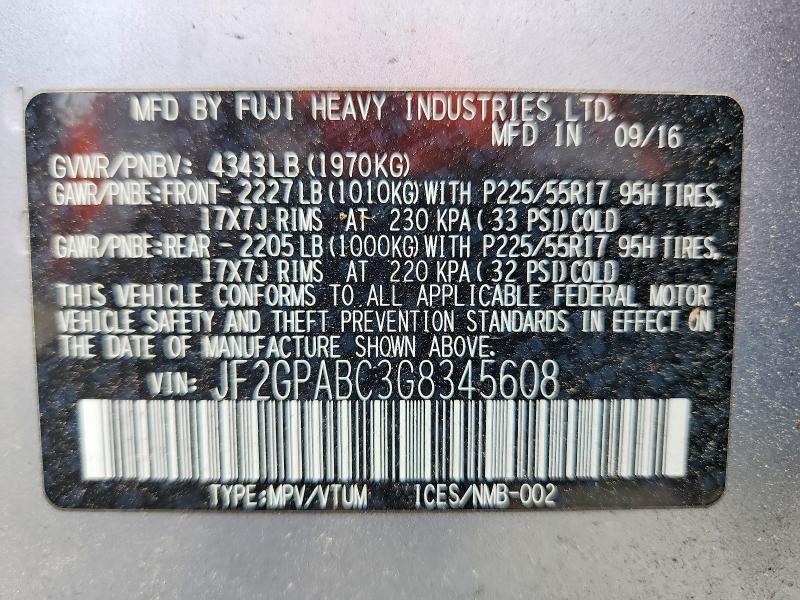 2016 Subaru Crosstrek მანქანა იყიდება აუქციონზე, vin: JF2GPABC3G8345608, აუქციონის ნომერი: 55010626