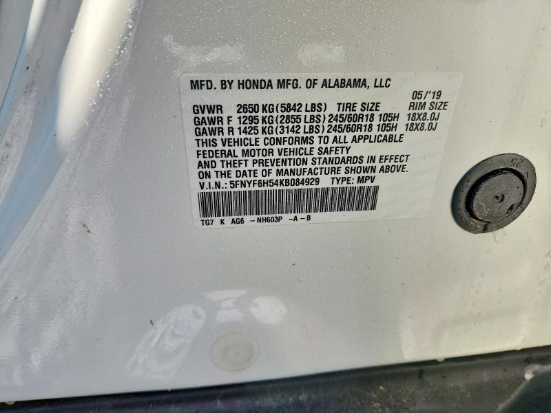 53256136 :رقم المزاد ، 5FNYF6H54KB084929 vin ، 2019 Honda Pilot مزاد بيع