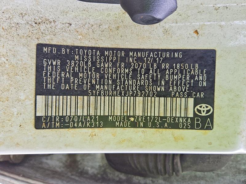 Aukcja sprzedaży 2018 Toyota Corolla, vin: 5YFBURHEXJP792702, numer aukcji: 52954326