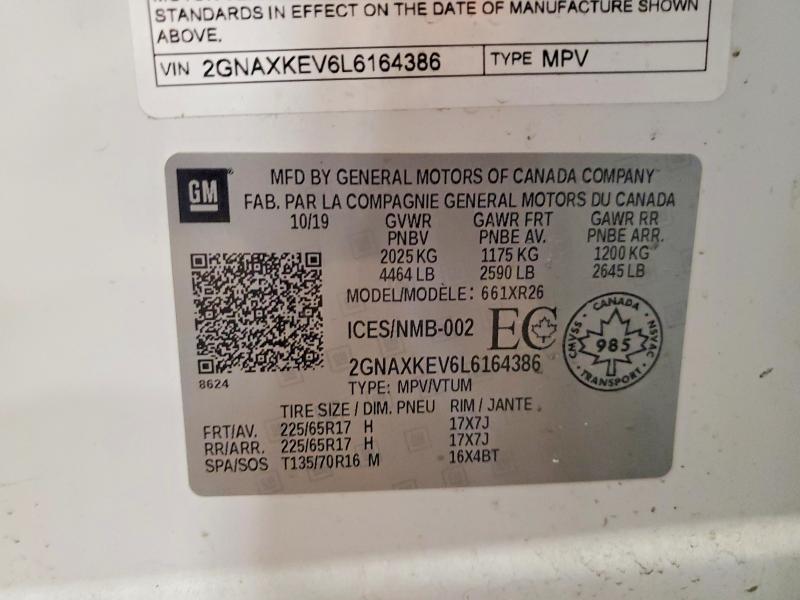 2020 Chevrolet Equinox მანქანა იყიდება აუქციონზე, vin: 2GNAXKEV6L6164386, აუქციონის ნომერი: 52951706