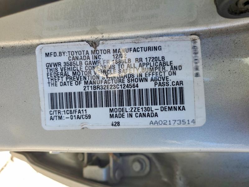 53054316 :رقم المزاد ، 2T1BR32E23C124564 vin ، 2003 Toyota Corolla مزاد بيع