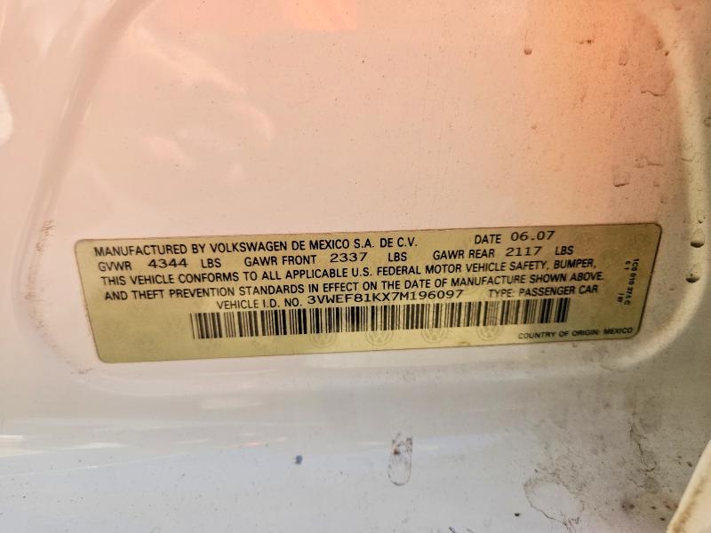 2007 Volkswagen Jetta მანქანა იყიდება აუქციონზე, vin: 3VWEF81KX7M196097, აუქციონის ნომერი: 54082236
