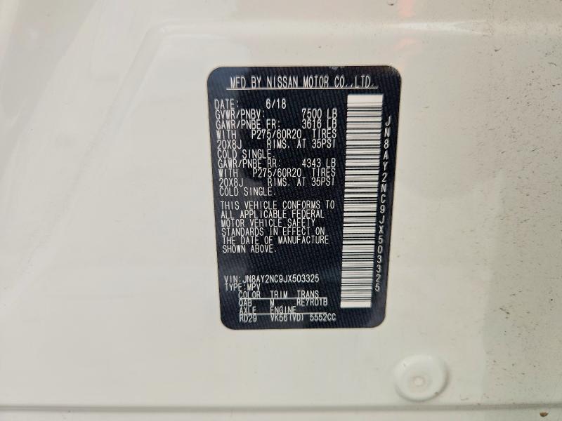 2018 Nissan Armada მანქანა იყიდება აუქციონზე, vin: JN8AY2NC9JX503325, აუქციონის ნომერი: 55372786