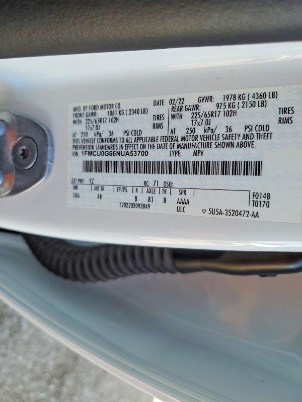 52176846 :رقم المزاد ، 1FMCU0G66NUA53700 vin ، 2022 Ford Escape مزاد بيع