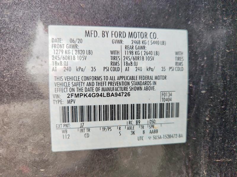 54167346 :رقم المزاد ، 2FMPK4G94LBA94726 vin ، 2020 Ford Edge مزاد بيع
