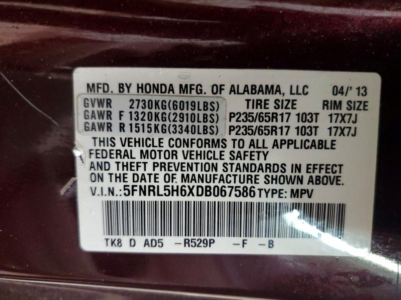 Aukcja sprzedaży 2013 Honda Odyssey, vin: 5FNRL5H6XDB067586, numer aukcji: 52097966