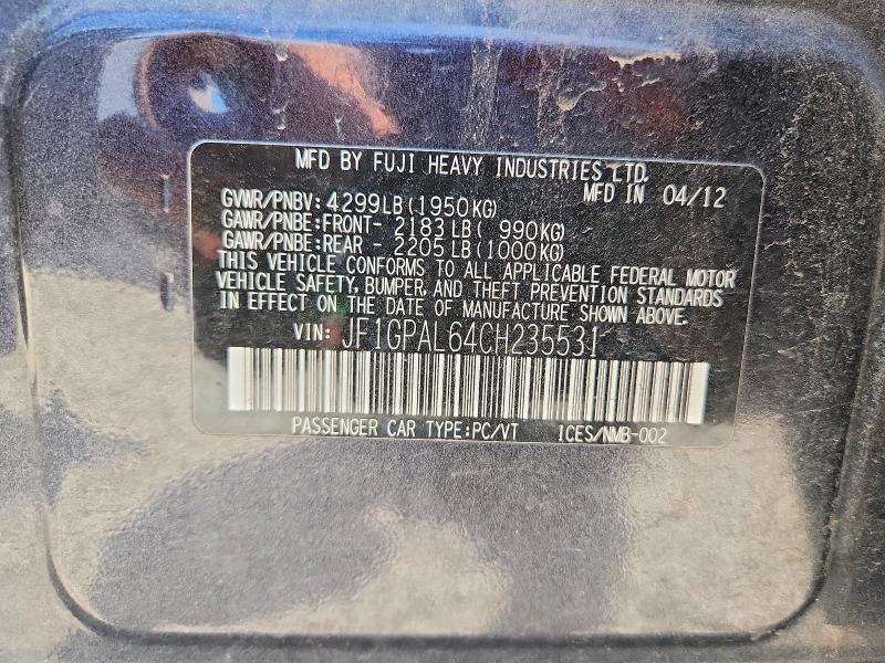 54175326 :رقم المزاد ، JF1GPAL64CH235531 vin ، 2012 Subaru Impreza مزاد بيع
