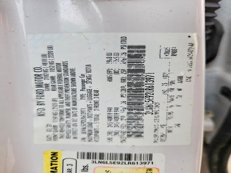 55176216 :رقم المزاد ، 3LN6L5E92LR613971 vin ، 2020 Lincoln Mkz مزاد بيع