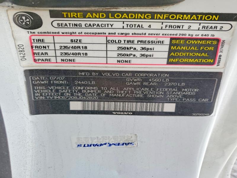 52516166 :رقم المزاد ، YV1MC67208J042820 vin ، 2008 Volvo C70 مزاد بيع