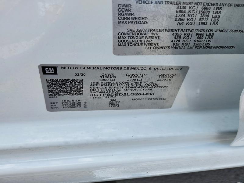 Aukcja sprzedaży 2020 Gmc Sierra, vin: 3GTP8DED2LG264430, numer aukcji: 54414516