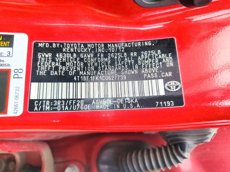 53921146 :رقم المزاد ، 4T1BF1FK1CU627739 vin ، 2012 Toyota Camry مزاد بيع