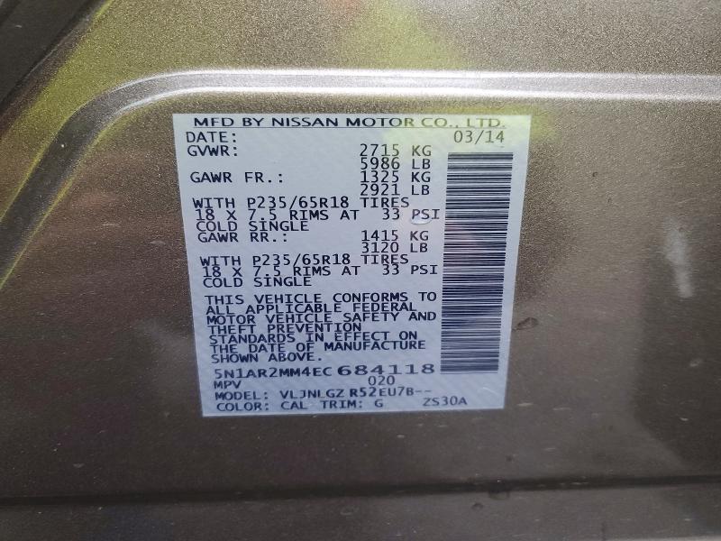 Aukcja sprzedaży 2014 Nissan Pathfinder, vin: 5N1AR2MM4EC684118, numer aukcji: 54011516