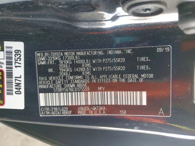 2020 Toyota Sequoia მანქანა იყიდება აუქციონზე, vin: 5TDBY5G16LS175559, აუქციონის ნომერი: 46779146