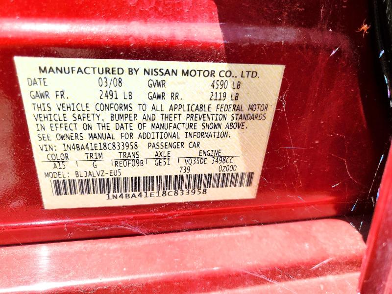 Aukcja sprzedaży 2008 Nissan Maxima, vin: 1N4BA41E18C833958, numer aukcji: 53401596