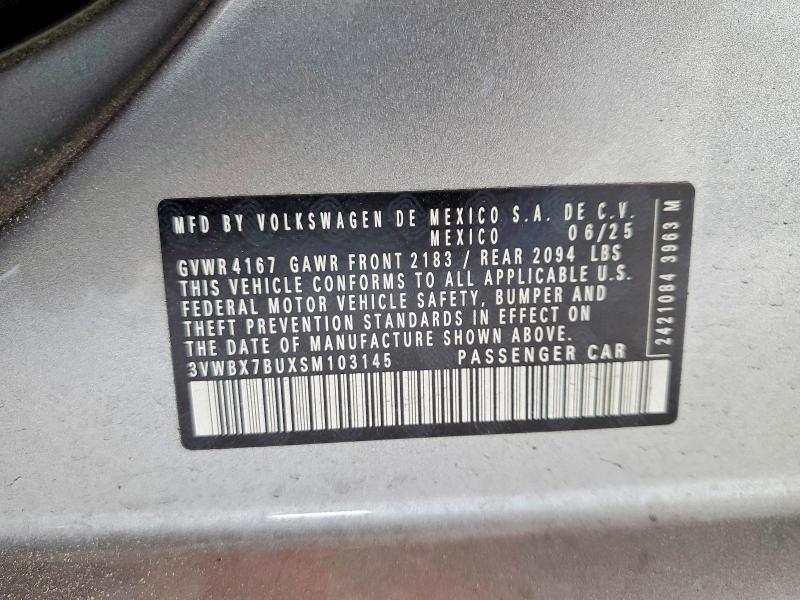2025 Volkswagen Jetta მანქანა იყიდება აუქციონზე, vin: 3VWBX7BUXSM103145, აუქციონის ნომერი: 53252366