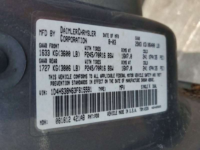53072666 :رقم المزاد ، 1D4HS38N63F615591 vin ، 2003 Dodge Durango مزاد بيع