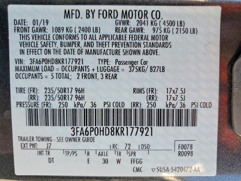 Aukcja sprzedaży 2019 Ford Fusion, vin: 3FA6P0HD8KR177921, numer aukcji: 53593706