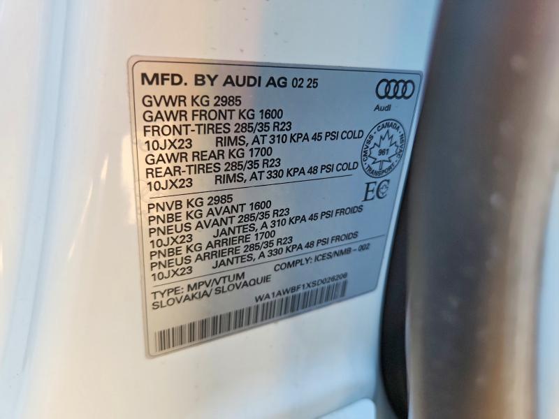 55302216 :رقم المزاد ، WA1AWBF1XSD026206 vin ، 2025 Audi Sq8 مزاد بيع