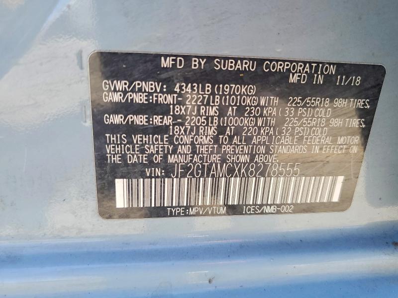 2019 Subaru Crosstrek მანქანა იყიდება აუქციონზე, vin: JF2GTAMCXK8278555, აუქციონის ნომერი: 53235536