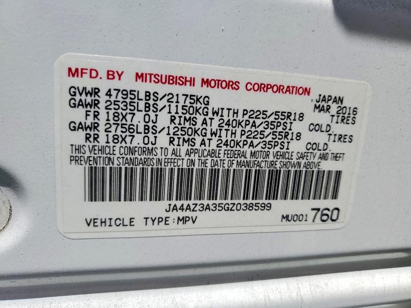 Aukcja sprzedaży 2016 Mitsubishi Outlander, vin: JA4AZ3A35GZ038599, numer aukcji: 54168086
