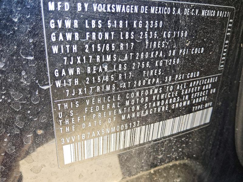 Aukcja sprzedaży 2022 Volkswagen Tiguan, vin: 3VV1B7AX5NM005137, numer aukcji: 52783376