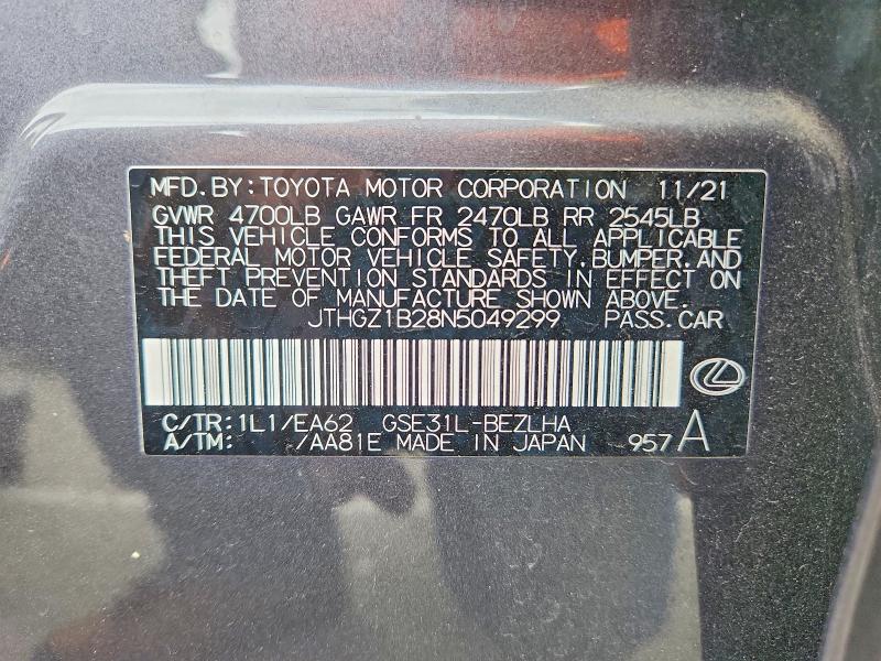 Aukcja sprzedaży 2022 Lexus Is, vin: JTHGZ1B28N5049299, numer aukcji: 52512656