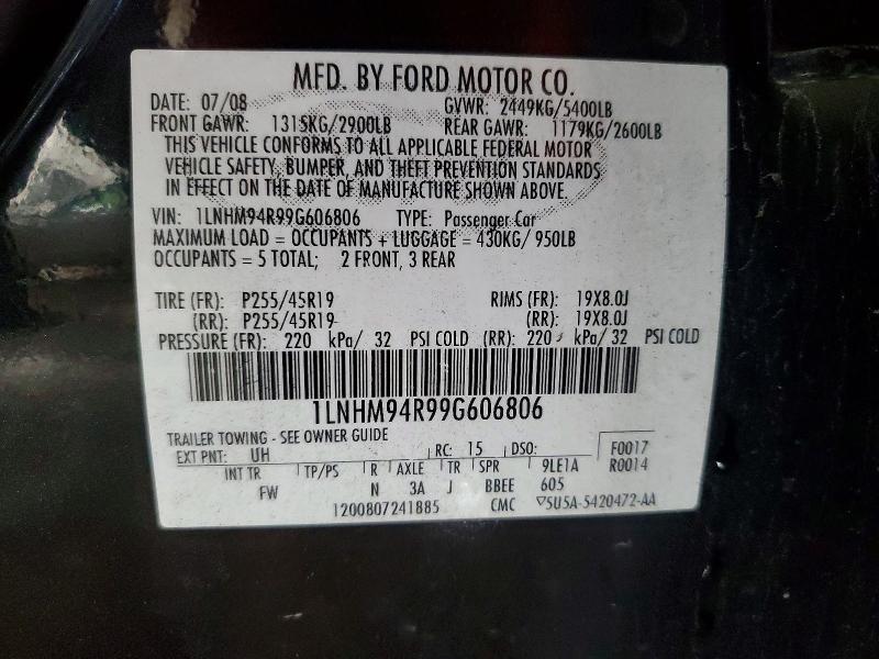 2009 Lincoln Mks მანქანა იყიდება აუქციონზე, vin: 1LNHM94R99G606806, აუქციონის ნომერი: 54355036