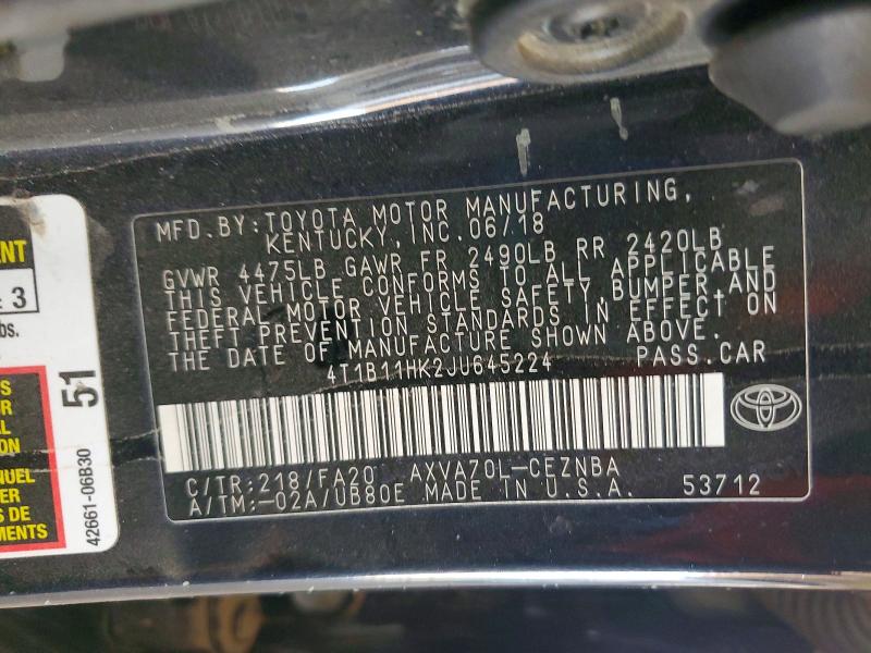 54642126 :رقم المزاد ، 4T1B11HK2JU645224 vin ، 2018 Toyota Camry مزاد بيع