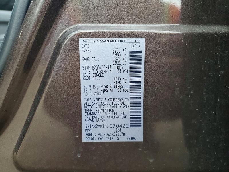 Продажа на аукционе авто 2015 Nissan Pathfinder, vin: 5N1AR2MM1FC670422, номер лота: 53739456