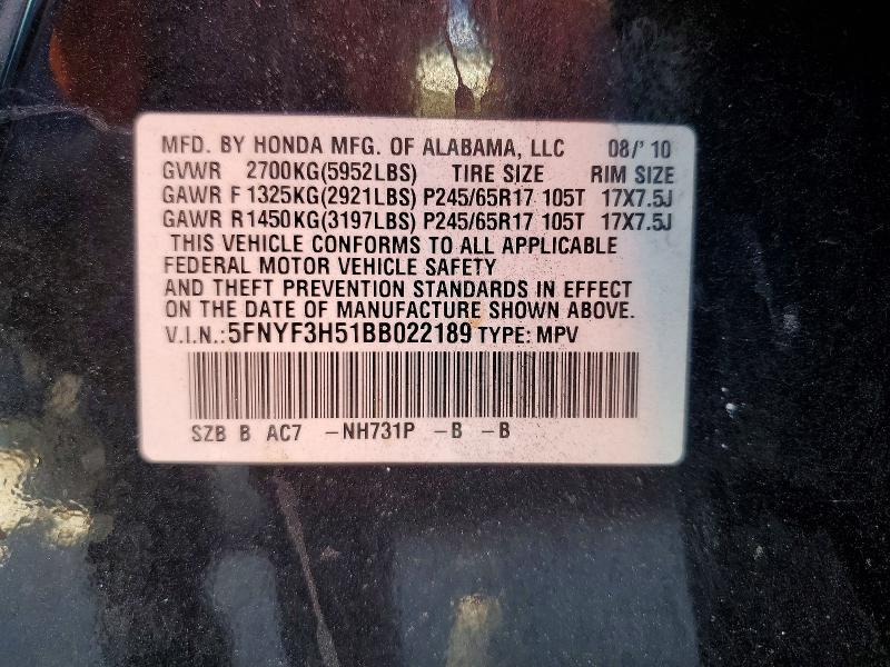 Auction sale of the 2011 Honda Pilot, vin: 5FNYF3H51BB022189, lot number: 55399026