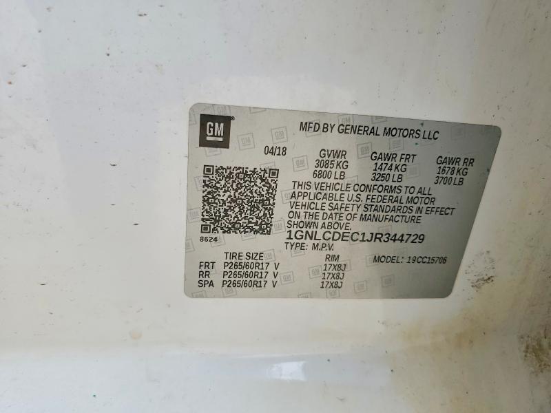 2018 Chevrolet Tahoe მანქანა იყიდება აუქციონზე, vin: 1GNLCDEC1JR344729, აუქციონის ნომერი: 55117266